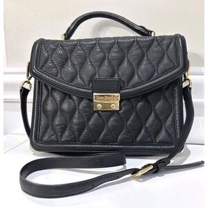 Vera Bradley Quilted Leather Satchel Crossbody Black Gold Hardware